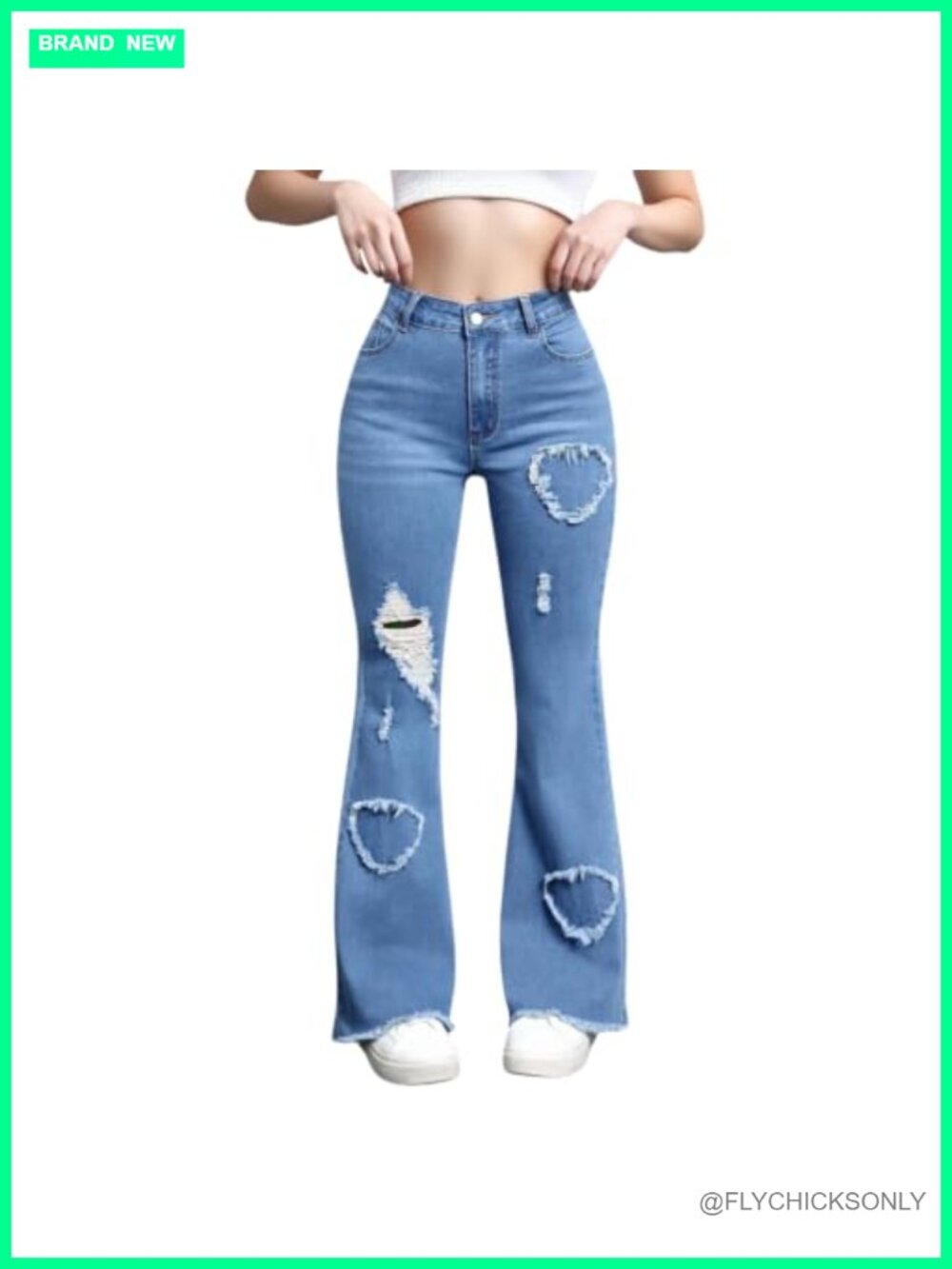High Waisted Flare Jeans Ripped Heart Distressed Stretch Denim